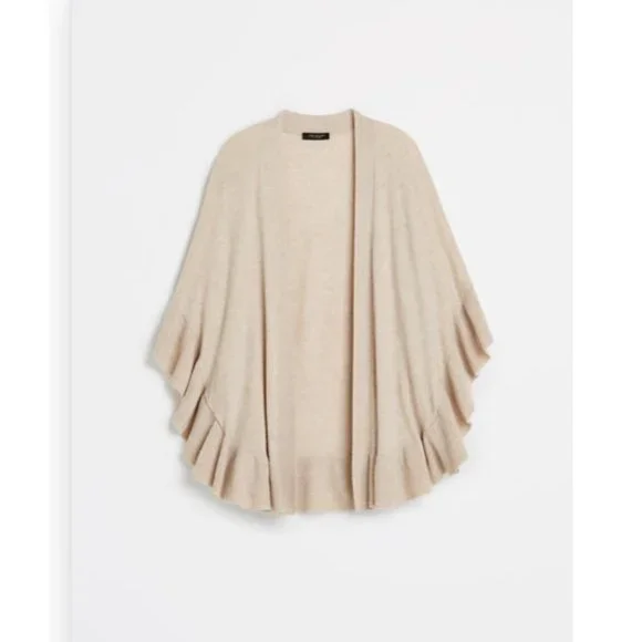 NWT XS/S - Ann Taylor 100% Cashmere Ruffle Sleeve Cape - Black $278